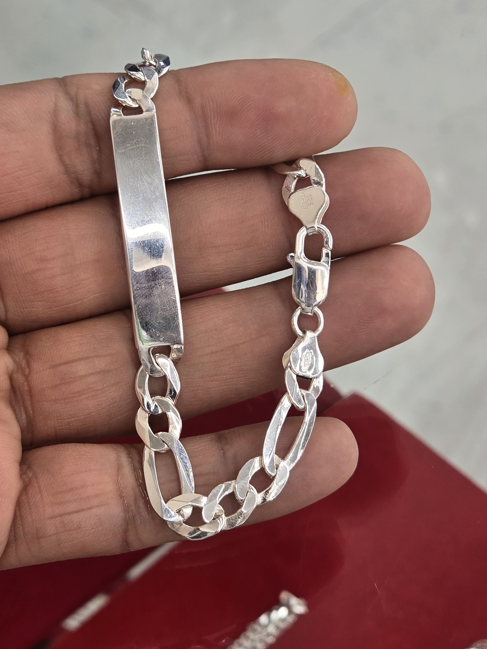 925 Sterling Silver Figaro ID Bracelet - Shiny Silver
